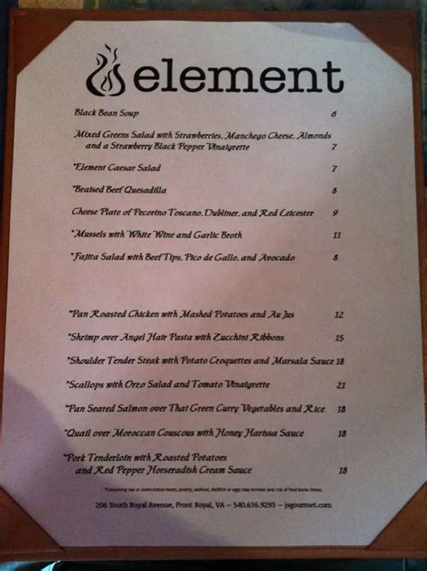 Elements Restaurant & Cocktail Bar Menu .